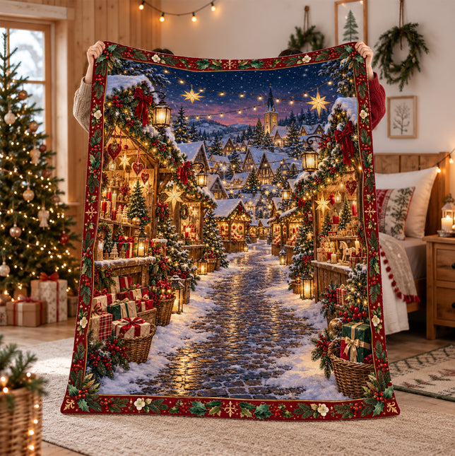 Christmas Market Fleece Blanket Festive Winter Village Decor