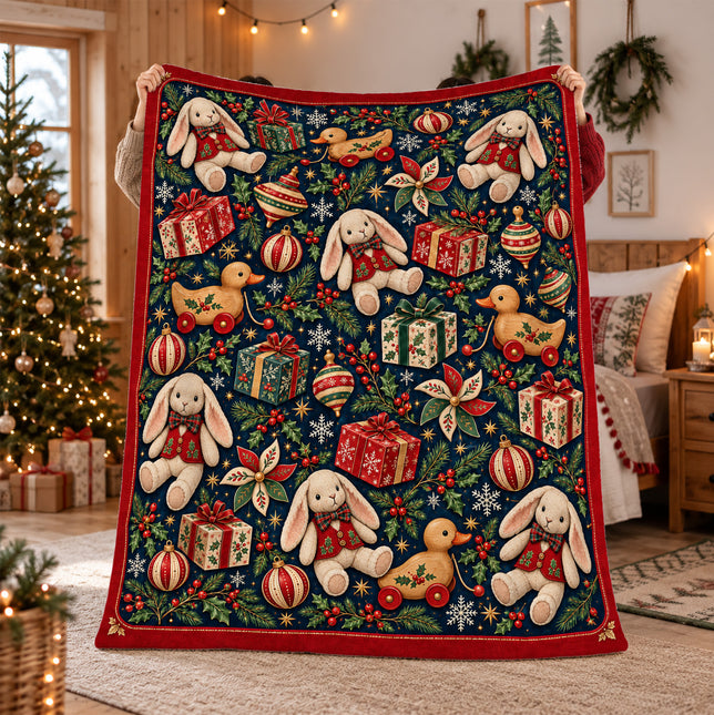 Christmas Bunny Fleece Blanket Vintage Holiday Decor