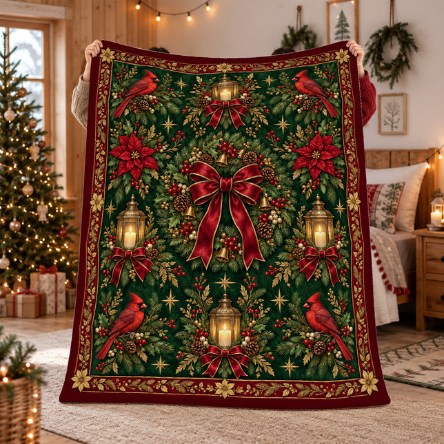 Cardinal Christmas Fleece Blanket Vintage Holiday Wreath