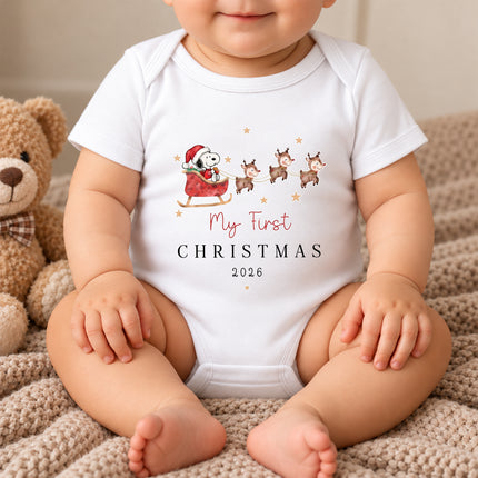 My First Christmas 2026 Reindeer Sleigh Baby Bodysuit
