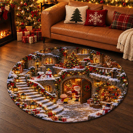 Christmas Round Rug Snowy Village Lanterns Holiday Doormat