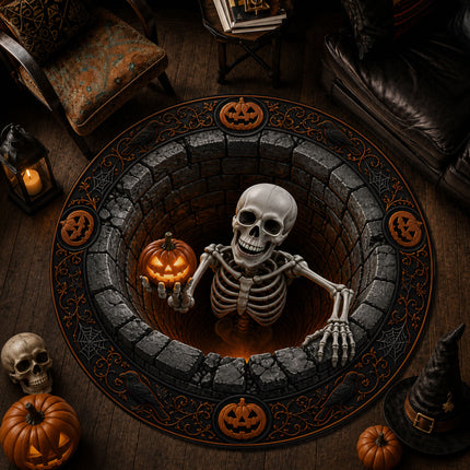 Halloween Round Rug Skeleton Pumpkin 3D Spooky Doormat