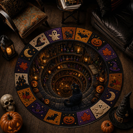 Halloween Round Rug Black Cat Witch Potion Spooky Doormat