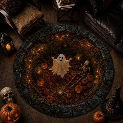 Halloween Round Rug Ghost Skeleton Pumpkin Spooky Doormat