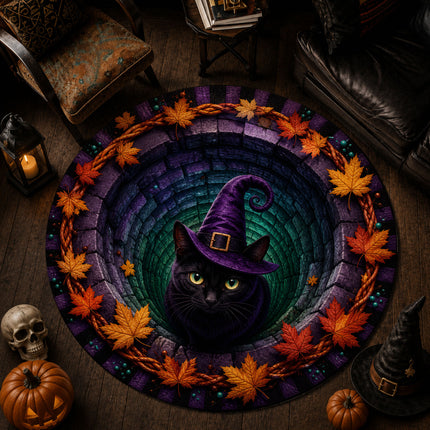 Halloween Round Rug Black Cat Witch Hat Spooky Doormat