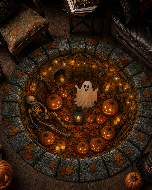 Halloween Round Rug Ghost Skeleton Pumpkin Pit Doormat
