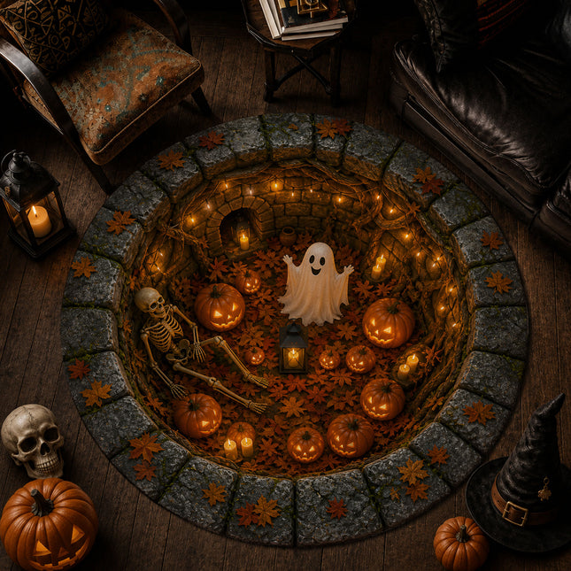 Halloween Round Rug Ghost Skeleton Pumpkin Pit Doormat