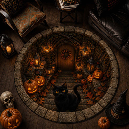 Halloween Round Rug Black Cat Pumpkin Lantern Doormat