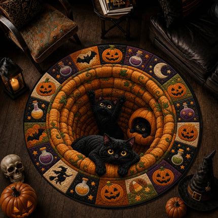 Halloween Round Rug Black Cats Pumpkin Quilt Spooky Doormat