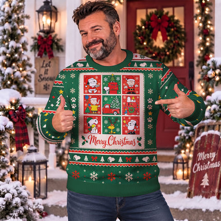 Funny Cartoon Christmas Ugly Sweatshirt Green Holiday Comic Panels