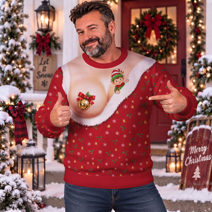 Funny Jingle Bell Ugly Sweatshirt Naughty Christmas Elf Chest Illusion