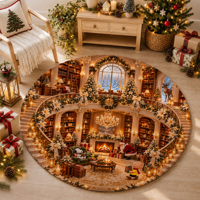 Christmas Round Rug Cozy Library Grand Staircase Holiday Doormat