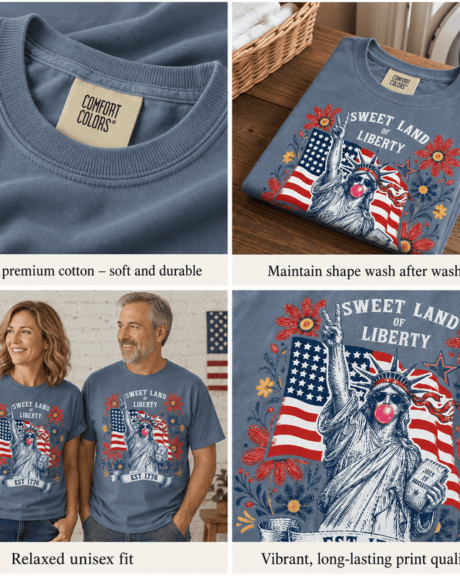 Comfort Colors Sweet Land Of Liberty EST 1776 Bubblegum Statue 250th Anniversary USA T-Shirt