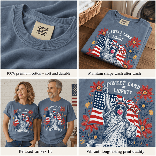 Comfort Colors Sweet Land Of Liberty EST 1776 Bubblegum Statue 250th Anniversary USA T-Shirt