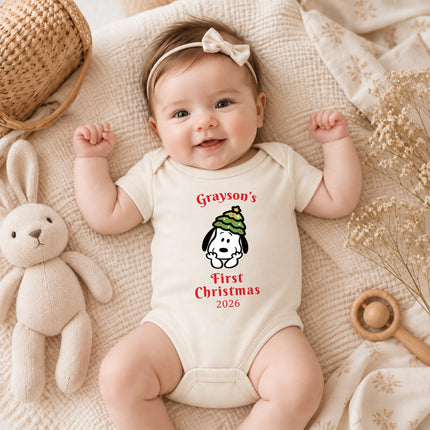 Personalized First Christmas 2026 Christmas Tree Hat Baby Bodysuit