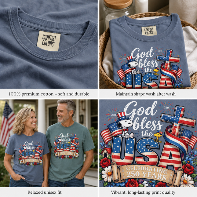 Comfort Colors God Bless The USA Celebrating 250 Years Cross Dog T-Shirt