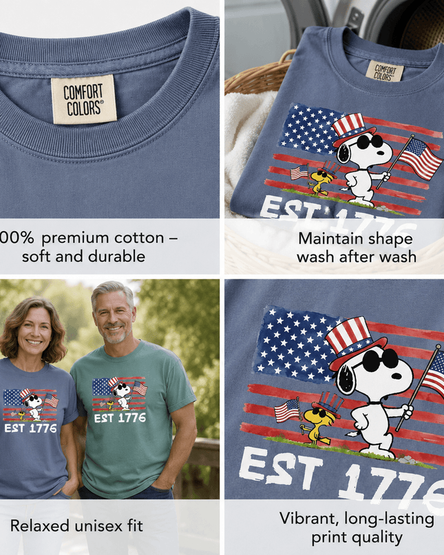 5_2935b3b8-fbaf-4c2b-a699-c32239efd3b0 - AuraNations - Comfort Colors Est 1776 Patriotic Flag Cool Waving Dogs T-Shirt - Blue Jean / S - 250TH ANNIVERSARY, ALL, COMFORT COLORS, NO CUSTOM, PRODUCTS, SNPY, TSHIRT