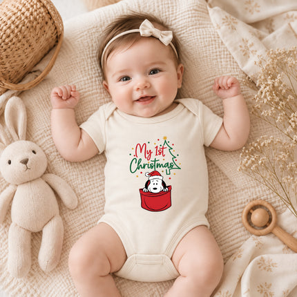 My First Christmas Santa Hat Pocket Graphic Baby Bodysuit