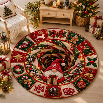 Christmas Round Rug Gnome Present Spiral Doormat