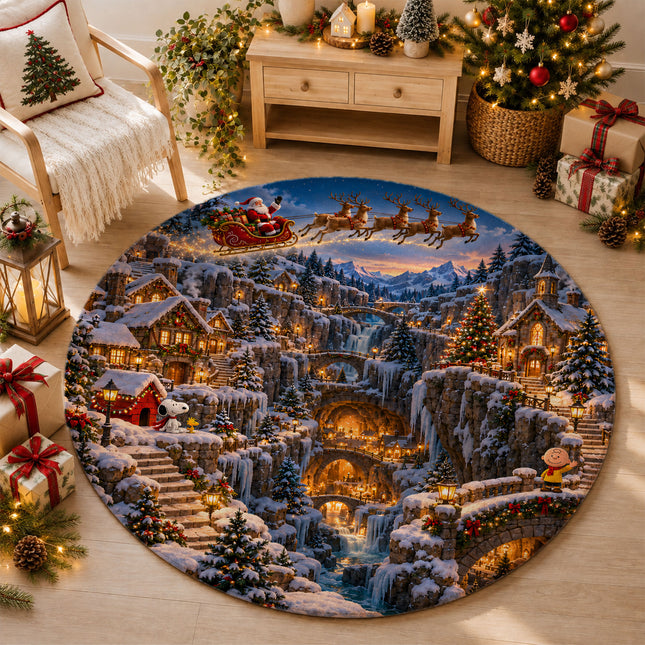 Christmas Round Rug Snowy Mountain Village Holiday Doormat