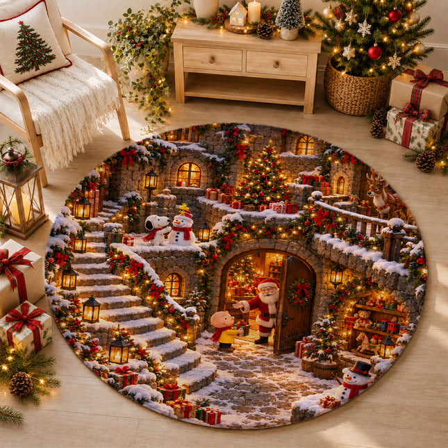 Christmas Round Rug Snowy Village Lanterns Holiday Doormat