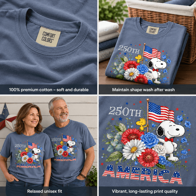 5_406b0f36-90b2-44a4-ad5f-59d0ecb96a75 - AuraNations - Comfort Colors 250th America Patriotic Floral Bowtie Dog T-Shirt - Blue Jean / S - 250TH ANNIVERSARY, ALL, COMFORT COLORS, NO CUSTOM, PRODUCTS, SNPY, TSHIRT