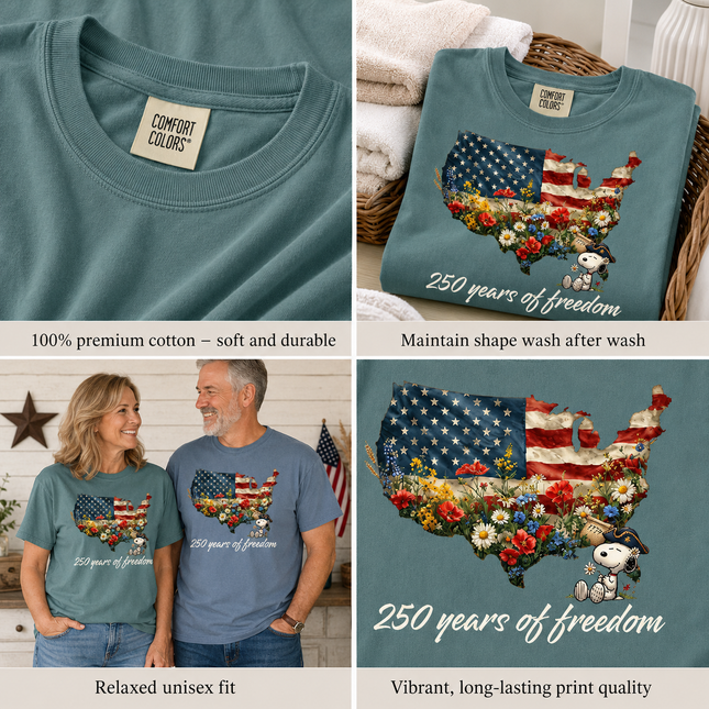 Comfort Colors 250 Years Of Freedom USA Map Floral Patriotic Dog T-Shirt