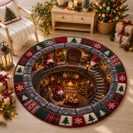 Christmas Round Rug Gnome Cottage Fireplace Doormat