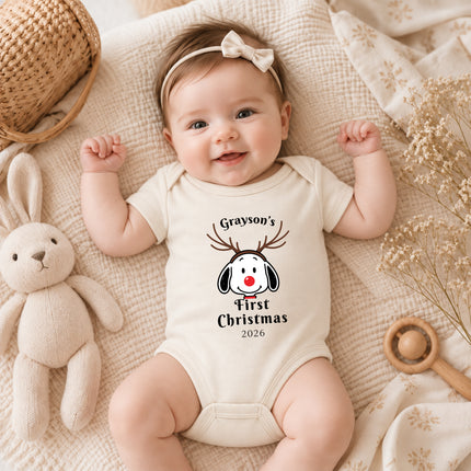 Personalized First Christmas 2026 Reindeer Name Baby Bodysuit
