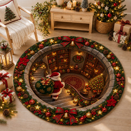 Christmas Round Rug Santa Library Holiday Doormat