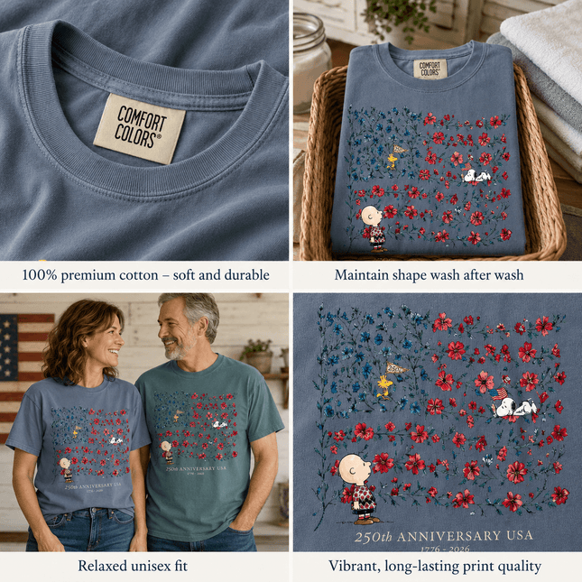 5_6e07968b-1974-4c5e-bcc0-197a1a1740b5 - AuraNations - Comfort Colors 250th Anniversary USA Floral Vine Flag Friends T-Shirt - Blue Jean / S - 250TH ANNIVERSARY, ALL, COMFORT COLORS, NO CUSTOM, PRODUCTS, SNPY, TSHIRT