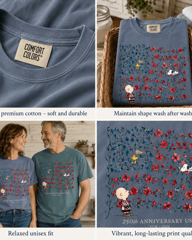 5_6e07968b-1974-4c5e-bcc0-197a1a1740b5 - AuraNations - Comfort Colors 250th Anniversary USA Floral Vine Flag Friends T-Shirt - Blue Jean / S - 250TH ANNIVERSARY, ALL, COMFORT COLORS, NO CUSTOM, PRODUCTS, SNPY, TSHIRT