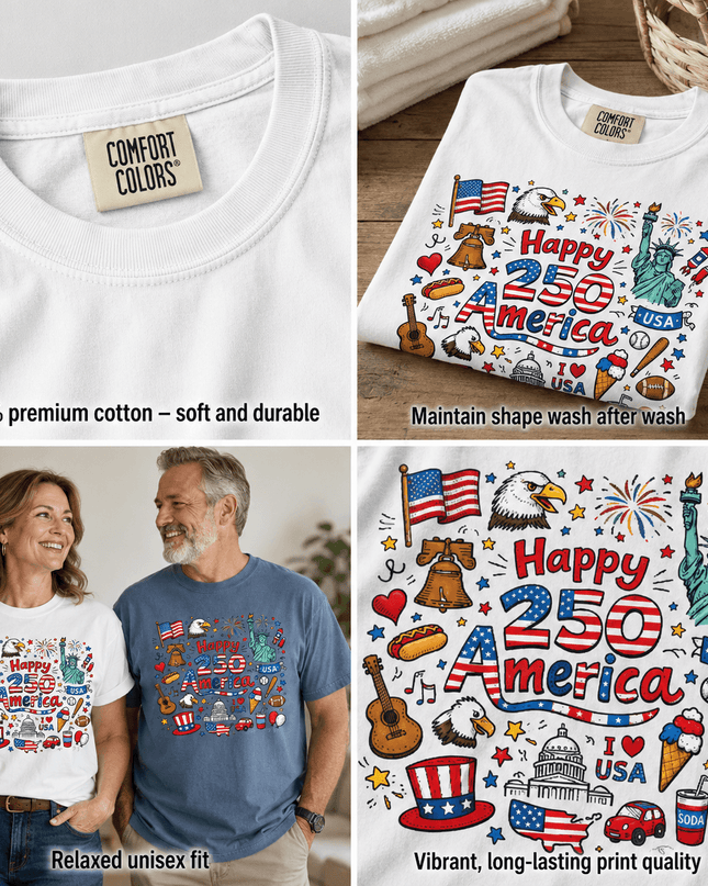 5_7290adc0-aa04-46a1-9871-6e228de3c32b - AuraNations - Comfort Colors Happy 250 America Patriotic Icons Doodle T-Shirt - White / S - 250TH ANNIVERSARY, ALL, COMFORT COLORS, NO CUSTOM, PRODUCTS, SNPY, TSHIRT