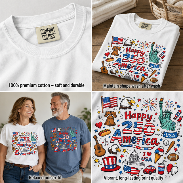 Comfort Colors Happy 250 America Patriotic Icons Doodle T-Shirt