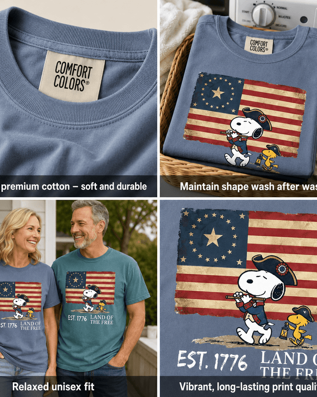 5_74552593-4ece-4735-9155-19ca60bc75bc - AuraNations - Comfort Colors Est 1776 Land Of The Free Vintage Colonial Flag T-Shirt - Blue Jean / S - 250TH ANNIVERSARY, ALL, COMFORT COLORS, NO CUSTOM, PRODUCTS, SNPY, TSHIRT