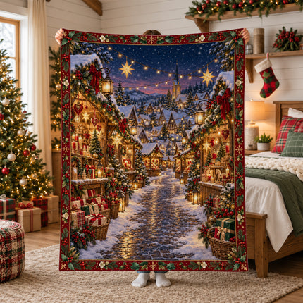 Christmas Market Fleece Blanket Festive Winter Village Decor