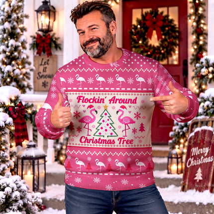 Funny Flamingo Ugly Sweatshirt Flockin Around Christmas Tree Pink