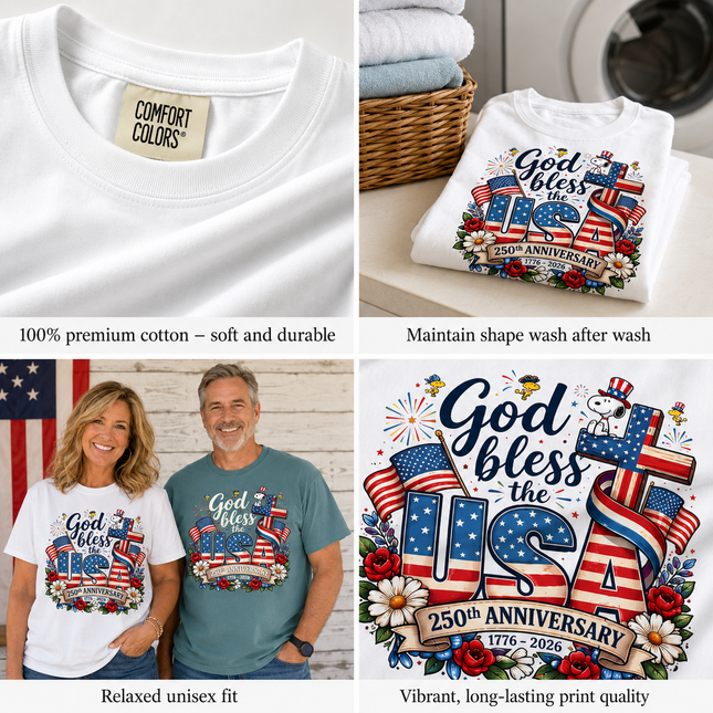 Comfort Colors God Bless The USA 250th Anniversary Cross Dog T-Shirt