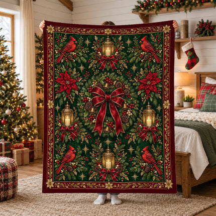 Cardinal Christmas Fleece Blanket Vintage Holiday Wreath