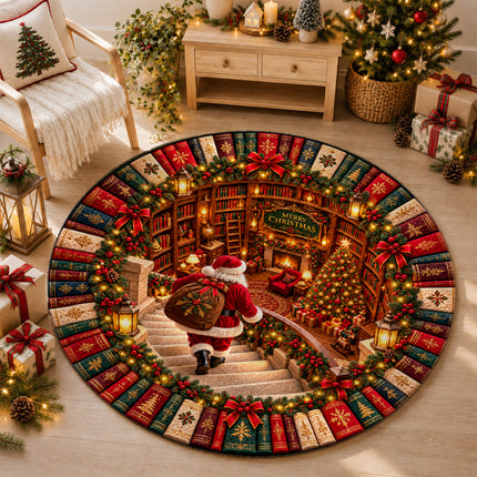 Christmas Round Rug Santa Library Fireplace Doormat