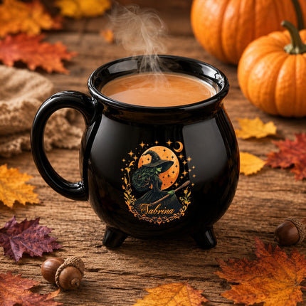 Personalized Witch Cauldron Mug Orange Moon Halloween Custom Name