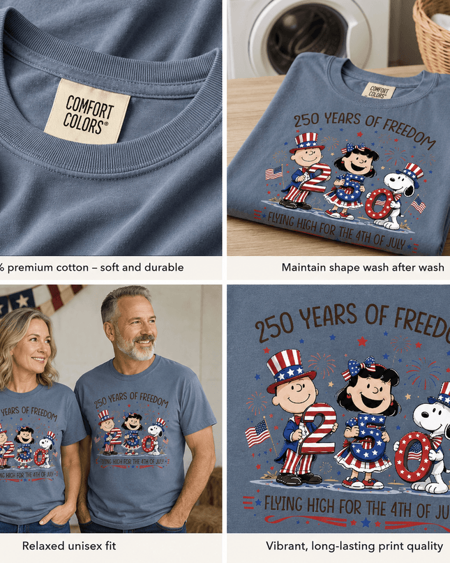 5_c02817bb-0fd0-47c9-983e-d7950c586200 - AuraNations - Comfort Colors 250 Years Of Freedom Flying High Patriotic Friends T-Shirt - Blue Jean / S - 250TH ANNIVERSARY, ALL, COMFORT COLORS, NO CUSTOM, PRODUCTS, SNPY, TSHIRT
