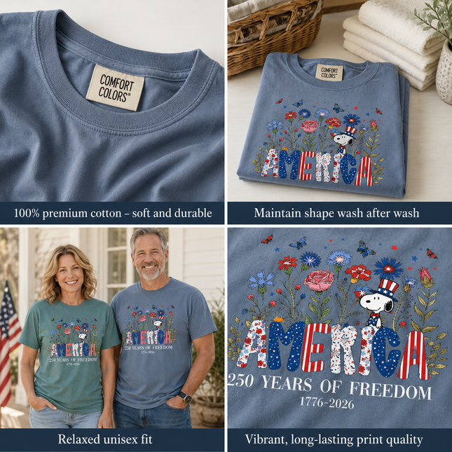 Comfort Colors America 250 Years Of Freedom Wildflowers Patriotic Dog T-Shirt