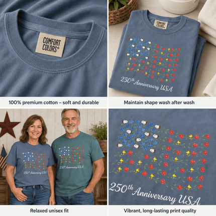 Comfort Colors 250th Anniversary USA Floral Vine Flag Dog And Bird T-Shirt