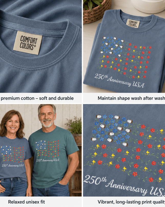 Comfort Colors 250th Anniversary USA Floral Vine Flag Dog And Bird T-Shirt