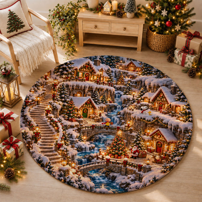 Christmas Round Rug Twinkling Cottage Waterfall Doormat