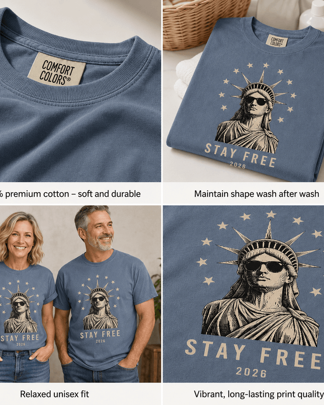 Comfort Colors Stay Free 2026 250th Anniversary USA Sunglasses Statue T-Shirt