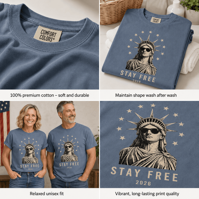Comfort Colors Stay Free 2026 250th Anniversary USA Sunglasses Statue T-Shirt