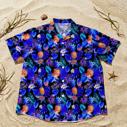 Blue Tropical Pineapple Floral Beach Summer Hawaiian Shirt
