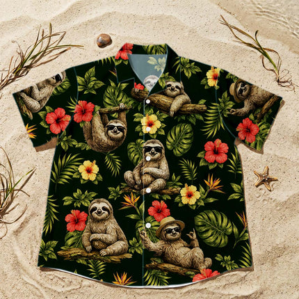 Tropical Sloth Floral Summer Vacation Hawaiian Shirt